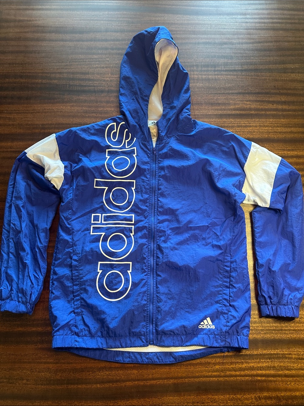 Adidas Blue & White Hooded Windbreaker Jacket with Vertical Logo